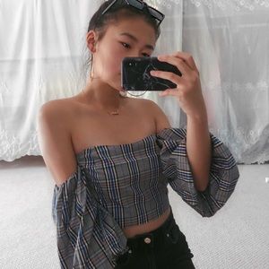 Zara plaid top with puffy sleeves
